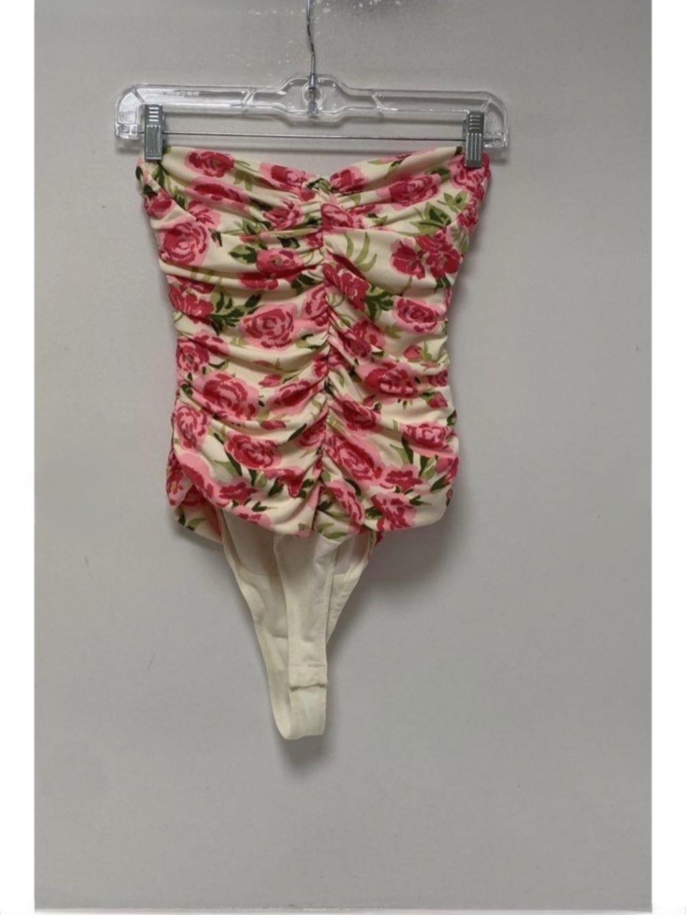 Zara Bodysuit Pink Red Floral Ruched Strapless, Small